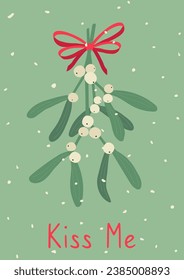 Kiss me, traditional mistletoe branch for Christmas. Winter vector illustration. Mistletoe branch with a red bow on a green background for greeting cards.