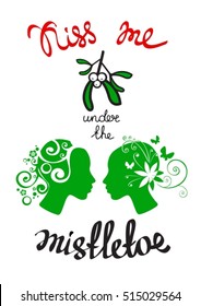 Kiss me under the mistletoe. Gay kissing. Lesbian kissing. Gay couple. LGBT couple. Design elements for poster or greeting card. Christmas illustration. Isolated on white. Hand drawn style.