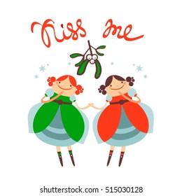 Kiss me under the mistletoe. Gay kissing. Lesbian kissing. Gay couple. LGBT couple. Design elements for poster or greeting card. Christmas illustration. Isolated on white. Hand drawn style.
