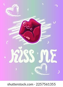 Kiss me. Vector illustration. Hand drawn lettering phrase and female pink kiss. isolated on gradient purple background. Design element for poster, greeting card.