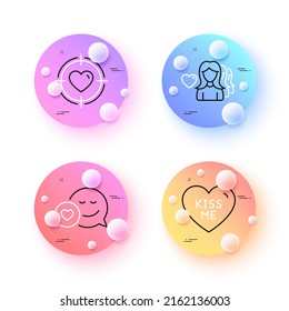 Kiss me, Woman love and Dating minimal line icons. 3d spheres or balls buttons. Valentine target icons. For web, application, printing. Love sweetheart, Romantic people, Heart in aim. Vector