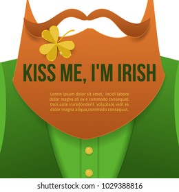 Kiss me,im Irish.Saint Patrick Day character leprechaun with green suit, red beard, and no face.Background for posters, invitations,web banners and greeting card.Paper cutout style vector illustration