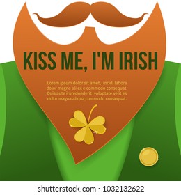 Kiss me,im Irish.Saint Patrick Day character leprechaun with green suit, red beard, and no face.Background for posters, invitations,web banners and greeting card.Paper cutout style vector illustration