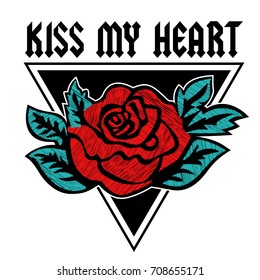 Kiss My Heart rose printed graphic design. Vector A set of stickers, embroidery, applique in the style of ancient breeds.