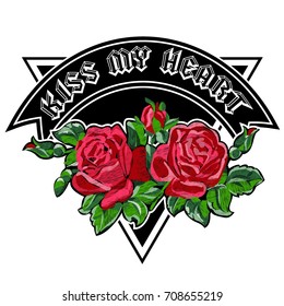 Kiss My Heart rose printed graphic design. Vector A set of stickers, embroidery, applique in the style of ancient breeds.
