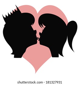 Kiss my prince! A pretty long haired girl's and a handsome prince's silhouette are about to kiss each other in front of a colored heart.