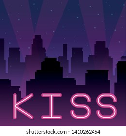 kiss neon advertising over purple cityscape at night with stars background vector illustration