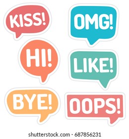 Kiss, omg, hi, like, bye, oops. Set of vector hand drawn speech bubbles icons, stickers, badges, marks, illustrations on white background.