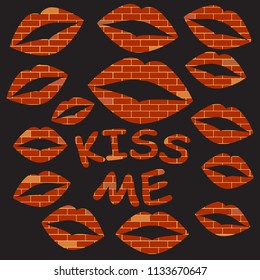 Kiss on the brick wall. Stylish trendy slogan tee t-shirt graphics print vector illustration design. Kiss me.