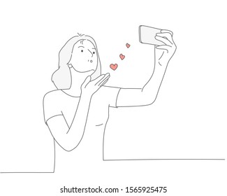 Kiss on the phone. Line drawing vector illustration.