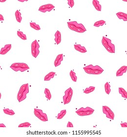 Kiss pink lips seamless pattern. Vector illustration isolated on white background.