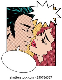 Kiss. Pop Art Comic color Illustration with kiss and various speech bubbles. Kissing couple. St. Valentine's Day Concept with kiss. Retro kiss, vintage style; 40s, 50s, 60s. 