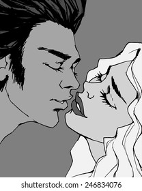 Kiss. Pop Art Comic Illustration in black and white with comic kiss. Kissing couple. St. Valentine's Day Concept. Kiss on vintage style: 40s, 50s, 60s.