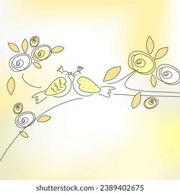 Kiss, prince and princess dove on the branch, drawing, wall decor, hand drawn 