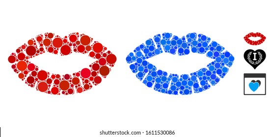 Kiss print composition of round dots in different sizes and color tints, based on kiss print icon. Vector round dots are united into blue composition.