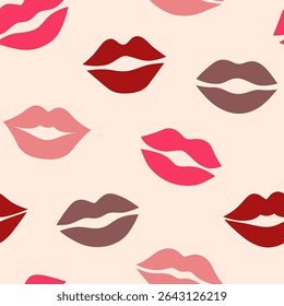 Kiss print seamless pattern. Various woman lips shapes in different colors on neutral beige background. Love, lipstick mark, Valentines Day or World Kiss Day theme wallpaper. Vector illustration. 