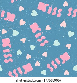 Kiss. Retro pattern for print design. Cartoon vector illustration. Romantic seamless texture design. Hand drawn calligraphy lettering vector illustration.