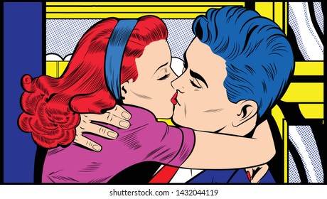 The Kiss. Romantic couple kissing passionately, young people in love. Retro Comic Book style cartoon, Classic Pop Art colored hand drawing, vintage vector EPS illustration