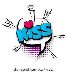 kiss, romantic, valentine hand drawn pictures effects. Template comics speech bubble halftone background. Pop art style. Comic dialog cloud, text pop-art. Creative idea conversation sketch explosion.