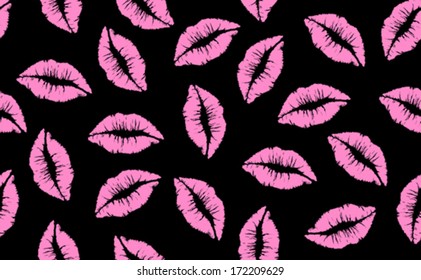 Kiss Seamless lip pattern Red and Pink background - traced with the vector pen tool  using a tablet, so that every small detail has been captured