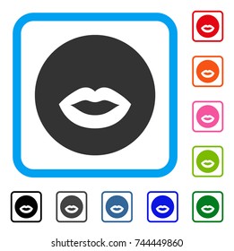 Kiss Smiley icon. Flat gray pictogram symbol in a blue rounded squared frame. Black, gray, green, blue, red, orange color additional versions of Kiss Smiley vector.