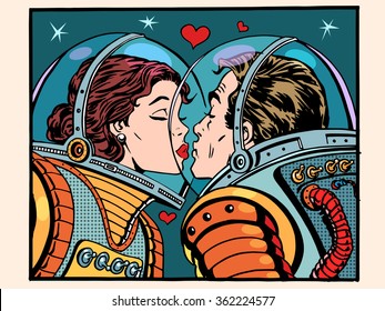 Kiss space man and woman astronauts