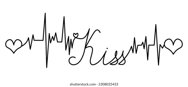 Kiss. The text is embellished with pulses and hearts. Sketch. Vector illustration. Broken zigzag line and romantic lettering in italics. Outline on isolated background. Idea for web design, invitation