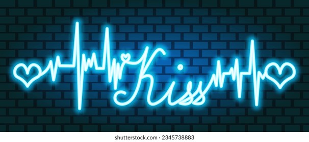 Kiss. The text is embellished with pulses and hearts. Blue neon glow. Color vector illustration. Broken zigzag line and romantic lettering in italics. Isolated background brick wall. 