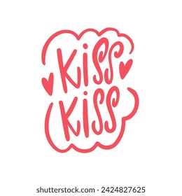 Kiss kiss text typography and heart love sign. Pink color vector art.