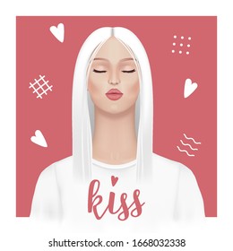 Kiss t-shirt print with girl, hearts and geometric elements