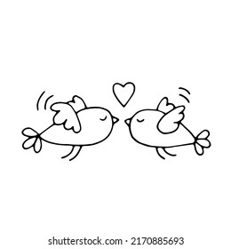 Kiss of two birds. Love. Romance. Doodle. Hand-drawn illustration. Element for a postcard for Valentine's Day or for a wedding invitation. Sketch. Silhouette. Black and white. Contour. Coloring