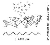 Kiss of two fishes drawing on a white background