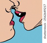 Kiss. Two persons kissing, face detail, pop art comic retro vector illustration