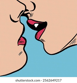 Kiss. Two persons kissing, face detail, pop art comic retro vector illustration