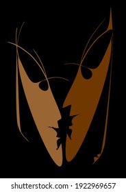 Kiss. Two theatre or carnival masks or mysterious faces depicted in minimalism style. Figurative vector drawing on the subject of love or relationship.