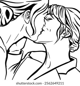 Kiss. Two young women kissing, pop art comic retro vector illustration, outline