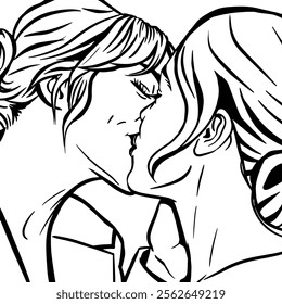 Kiss. Two young women kissing, pop art comic retro vector illustration, outline