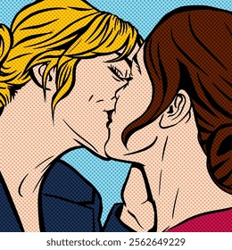 Kiss. Two young women kissing, pop art comic retro vector illustration