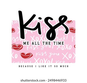 Kiss typography and lips drawing. Vector illustration design for fashion, t shirt, slogan tee, print, poster, graphic, sticker.
