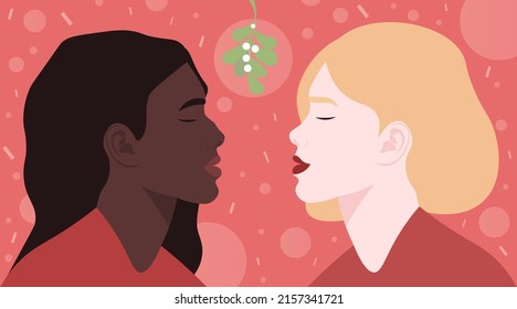 A kiss under a mistletoe branch, at a Christmas party. Two girls are going to kiss. An international lesbian couple celebrates the holiday. Love is love. A date between two women