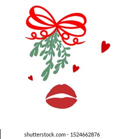 Kiss under mistletoe Christmas tradition decoration red lips hearts vector set isolated