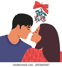 Kiss under the mistletoe. A pair of lovers. Flat Vector Illustration