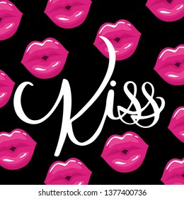 Kiss vector hand drawn lettering. Pink lips on black background, tag clipart. Handwritten cursive phrase for postcard. Kisses pattern. Greeting card design element. Vector