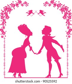 Kiss. Vignette with a silhouette girl and boy in the old style