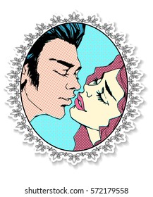 Kiss. Vintage style sticker. Pop Art Comic color Illustration with kiss with an ornamental frame. Kissing couple. St. Valentine's Day Concept with kiss. Retro kiss, ; 40s, 50s, 60s. 