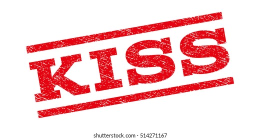 Kiss watermark stamp. Text caption between parallel lines with grunge design style. Rubber seal stamp with unclean texture. Vector red color ink imprint on a white background.