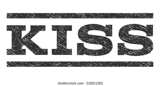 Kiss watermark stamp. Text caption between horizontal parallel lines with grunge design style. Rubber seal stamp with scratched texture. Vector gray color ink imprint on a white background.