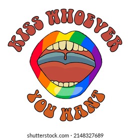 Kiss Whoever You Want LGBTQ+ symbol, rainbow colors. Gay Pride Month