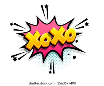 Kiss xoxo cartoon funny retro candy comic font. Explosion isometric text shock phrase pop art. Colored comic text speech bubble. Positive glossy sticker cloud vector illustration.