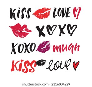 Kiss you set. Cute hand drawn doodle lettering postcard about love. Love you poster. Happy Valentine's Day - lettering template label.